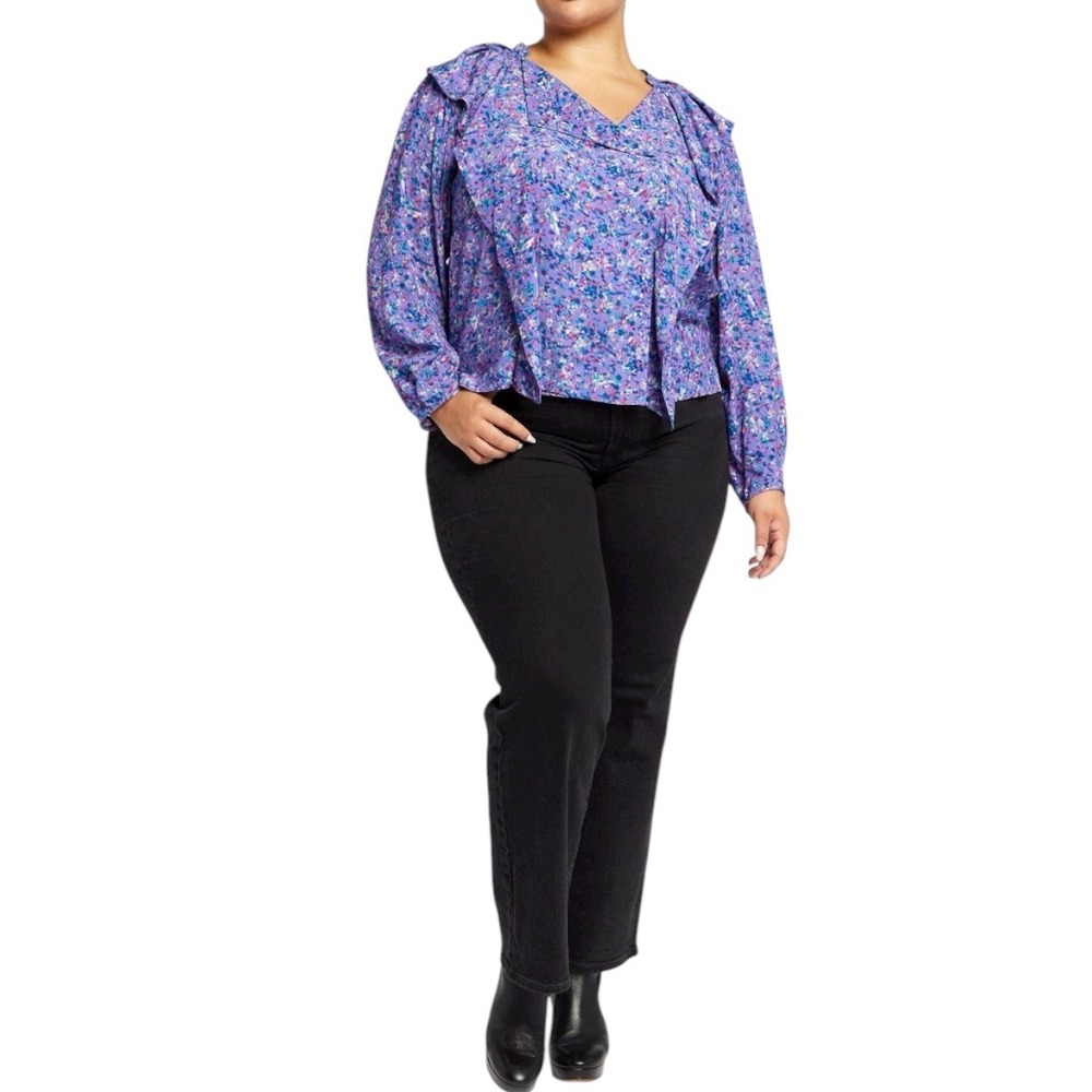 Joie Raquel B Vibrant Lavender Floral Print Ruffle Accents Long Sleeve Top 3X